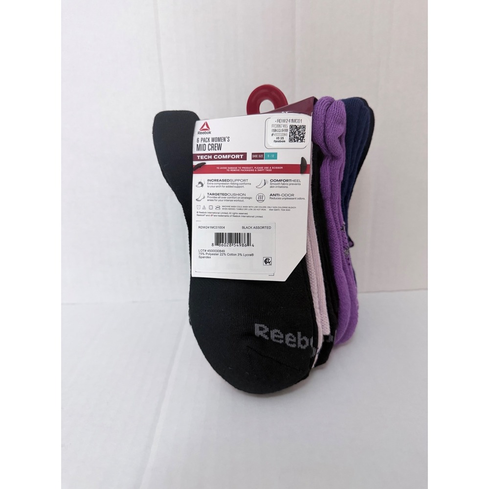 Reebok Womens Tech Comfort Mid Crew Socks 12 Pack Extended Size 9-12 Black Pink - Picture 3 of 6